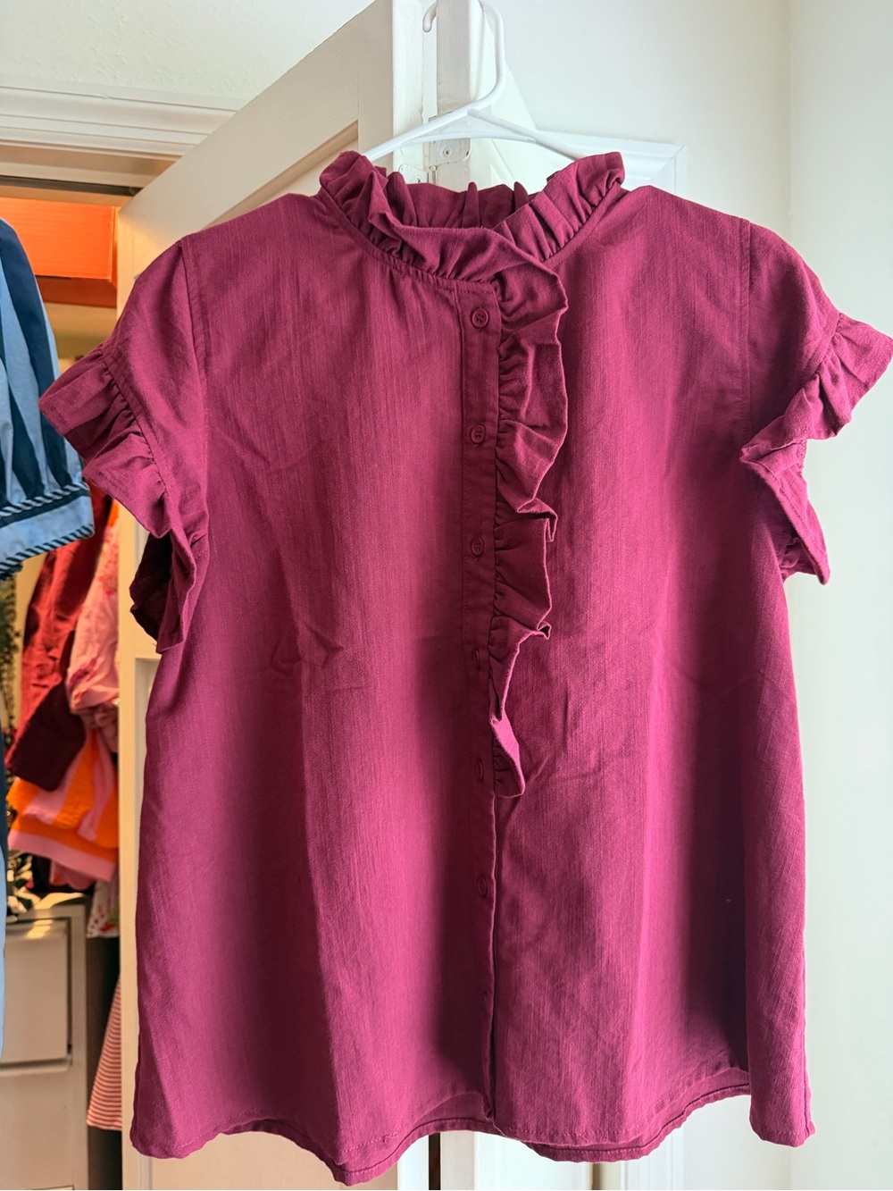 entro Ruffled Mock Neck Short Sleeve Blouse - Berry